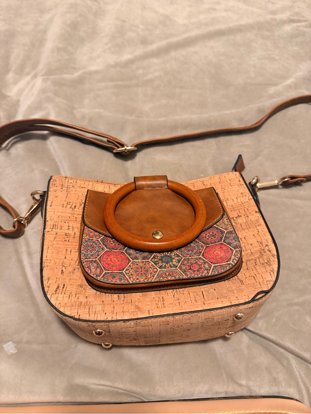 Peach Cork Crossbody Bag with Patterned Front and Wooden Ring Accent